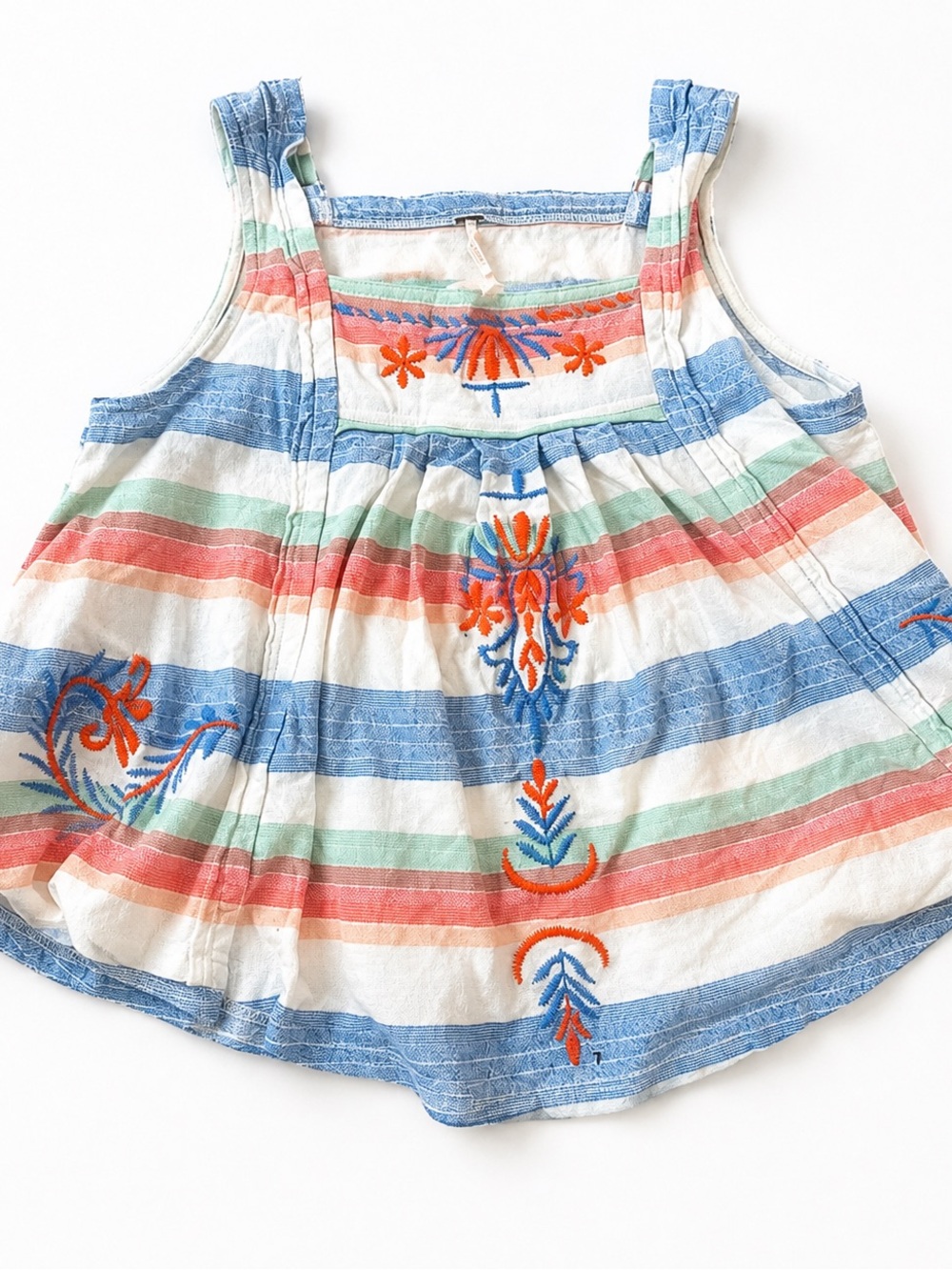 Free People Striped Embroidered Tank Top - Blue, Coral & Mint
